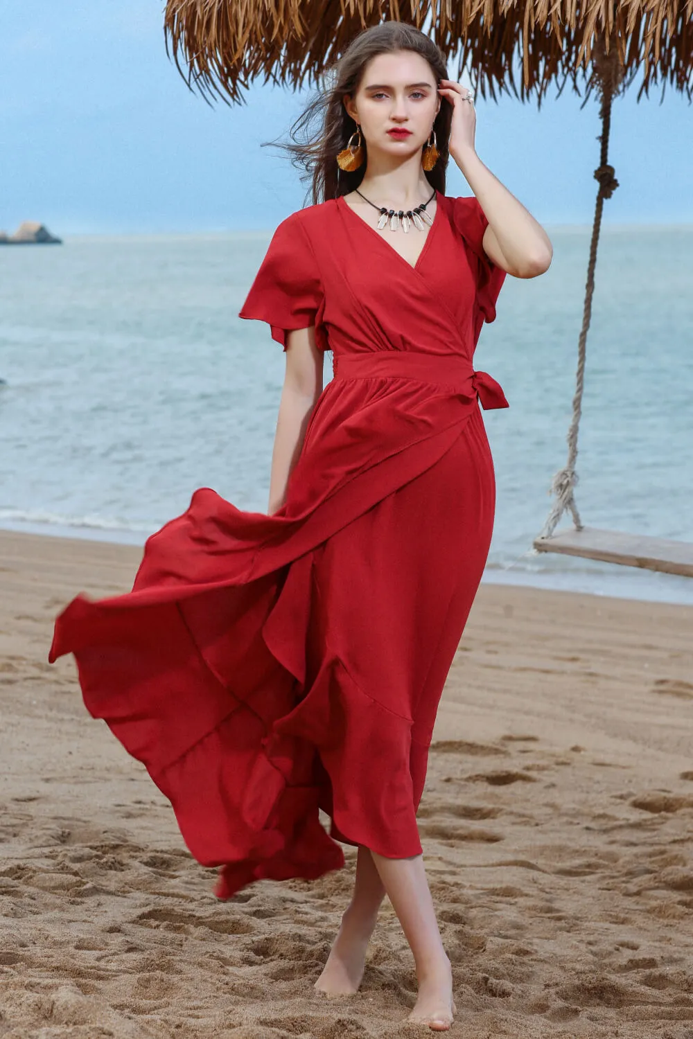 Ruffled Flutter Sleeve Tied Surplice Dress