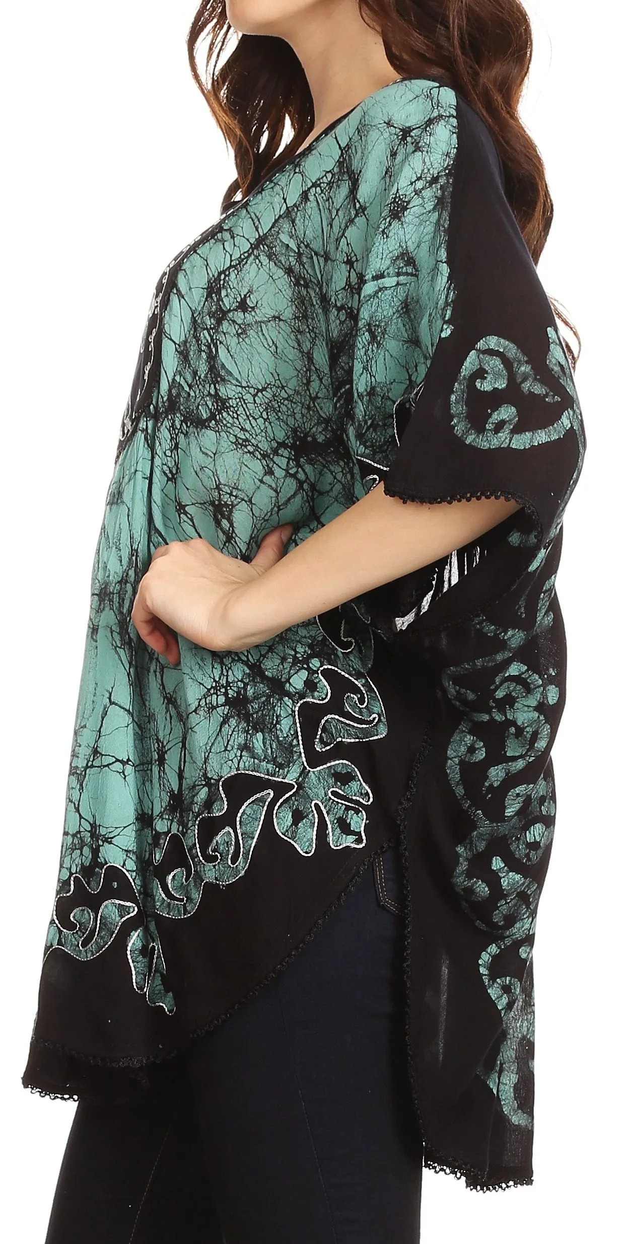 Sakkas Lynda Two Tone Batik Embroidered Palm Tree Peasant Top / Poncho