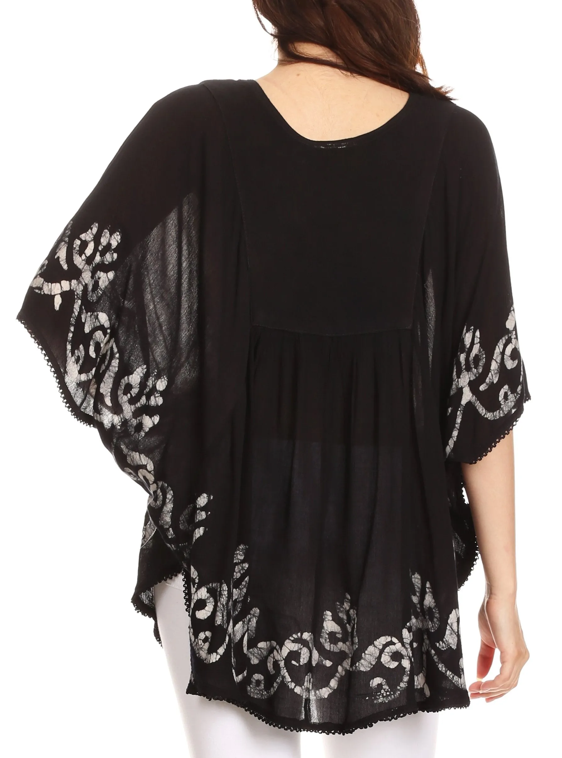 Sakkas Lynda Two Tone Batik Embroidered Palm Tree Peasant Top / Poncho