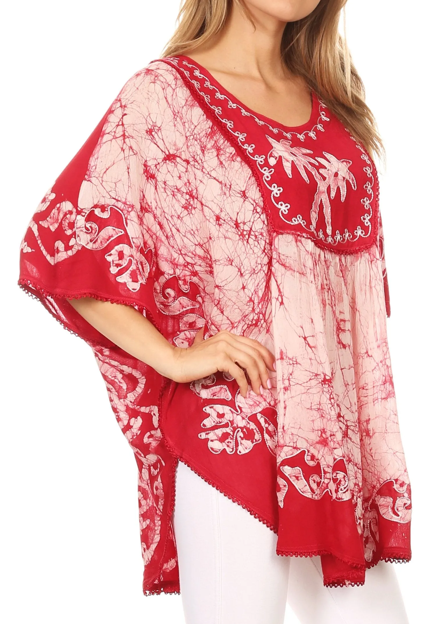 Sakkas Lynda Two Tone Batik Embroidered Palm Tree Peasant Top / Poncho