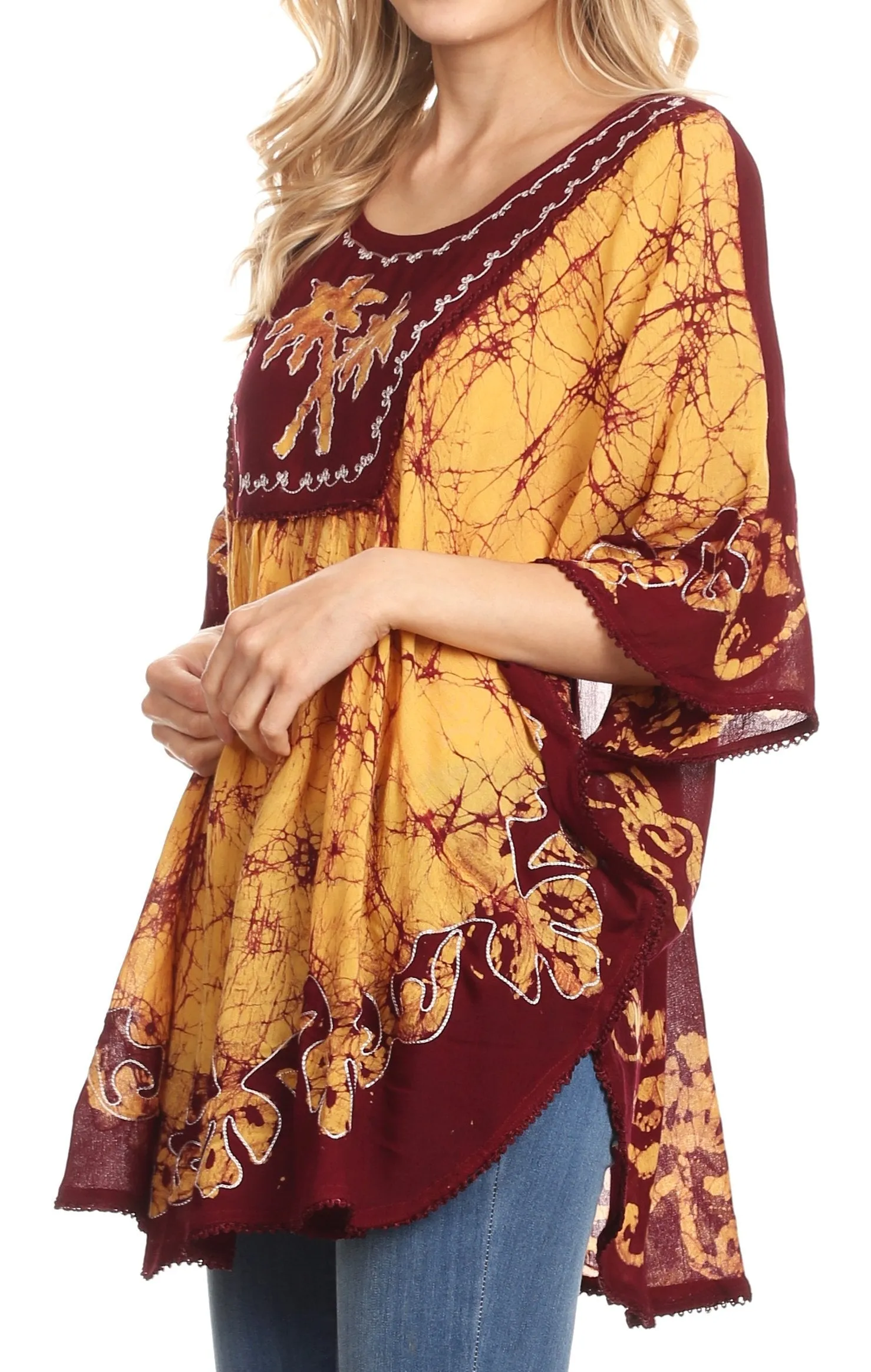 Sakkas Lynda Two Tone Batik Embroidered Palm Tree Peasant Top / Poncho