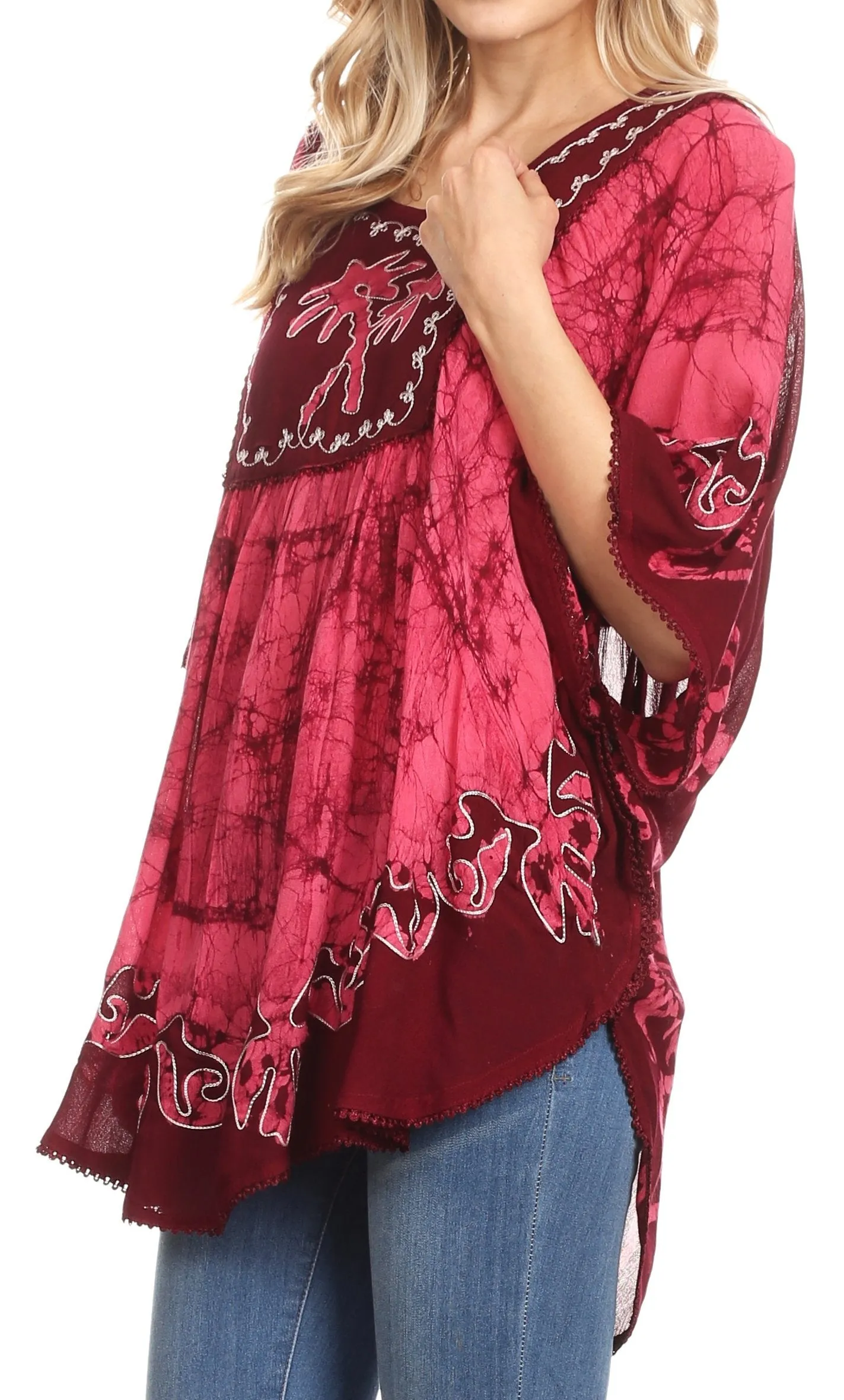 Sakkas Lynda Two Tone Batik Embroidered Palm Tree Peasant Top / Poncho