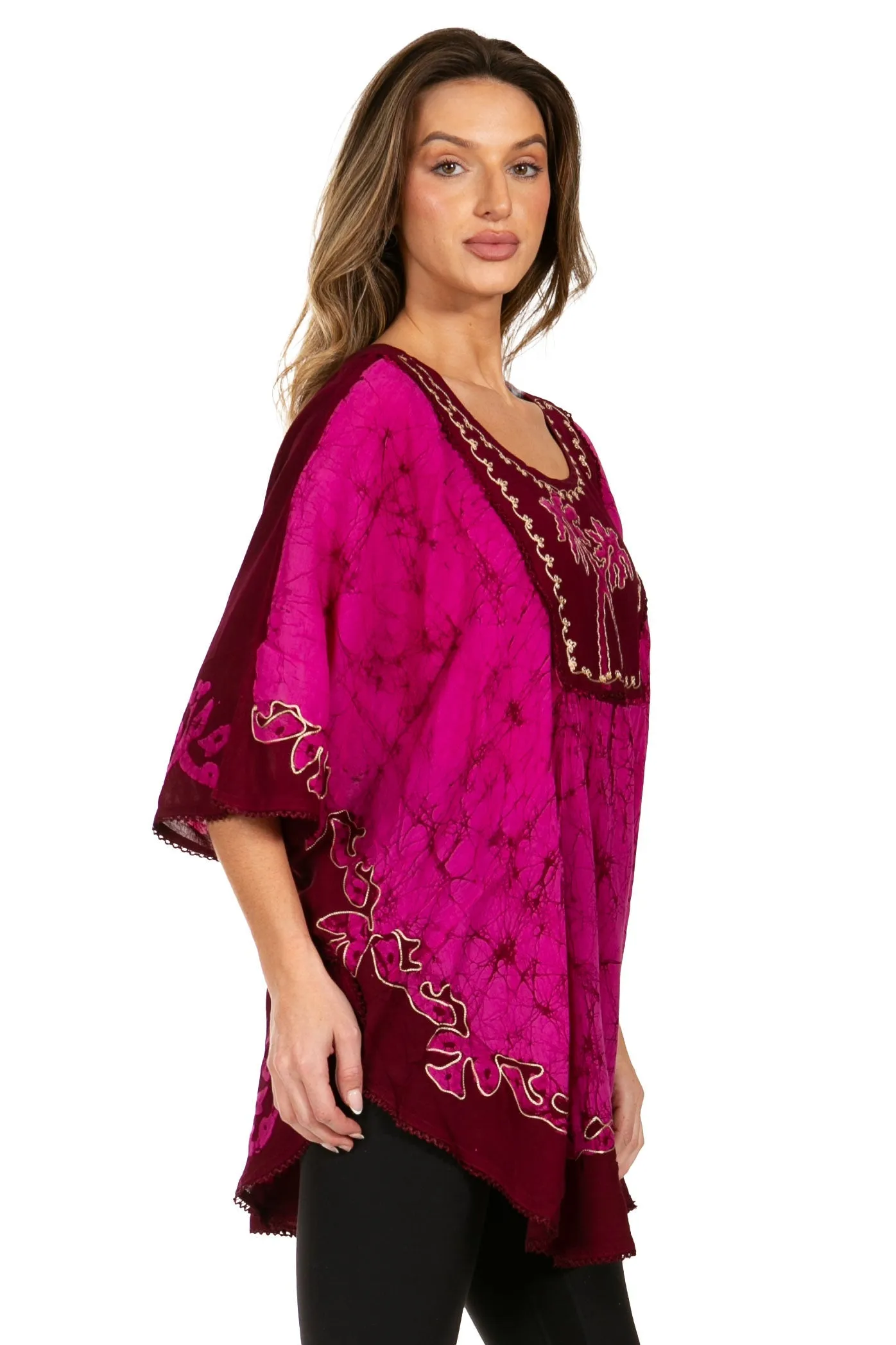 Sakkas Lynda Two Tone Batik Embroidered Palm Tree Peasant Top / Poncho