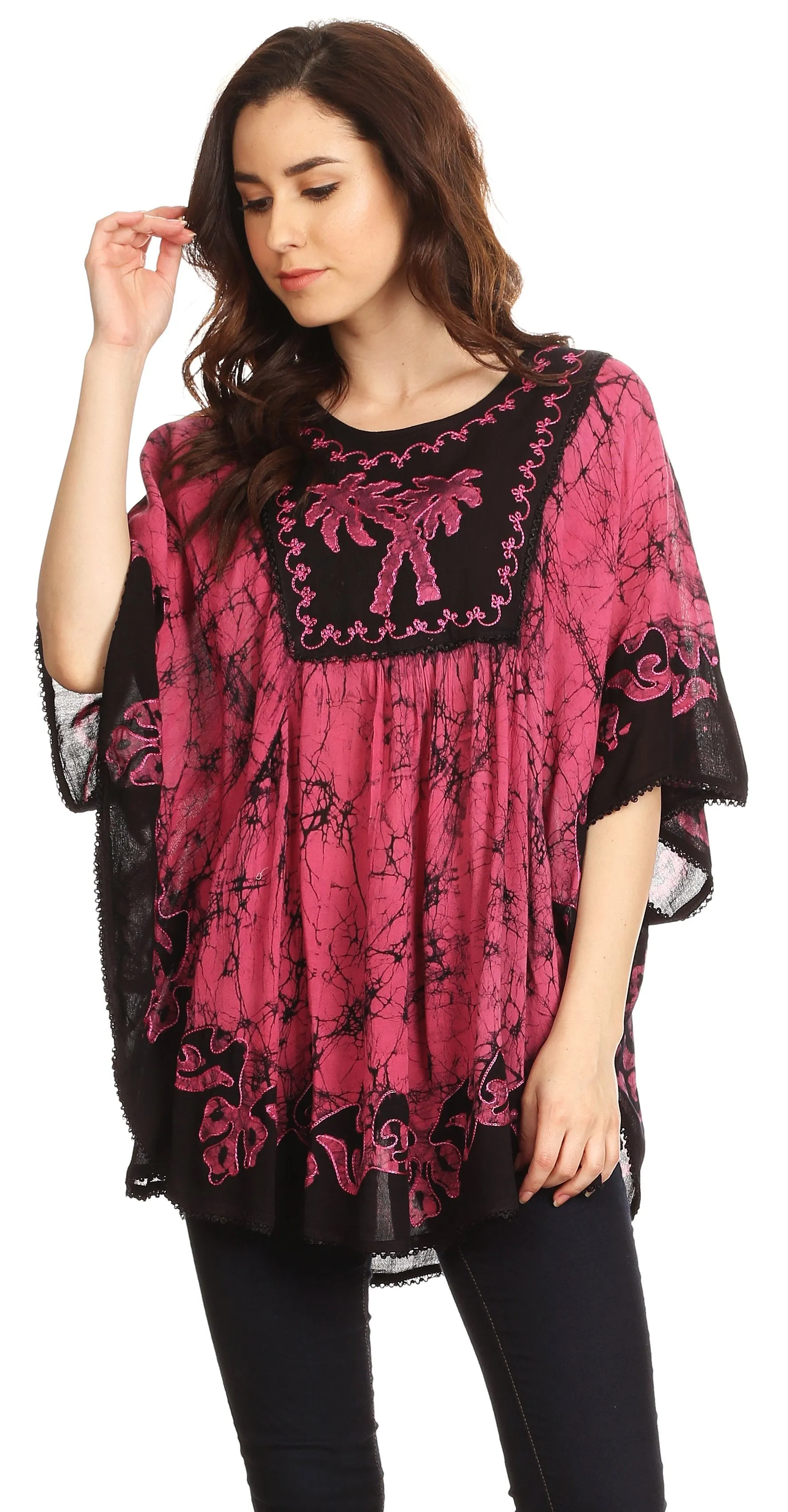 Sakkas Lynda Two Tone Batik Embroidered Palm Tree Peasant Top / Poncho