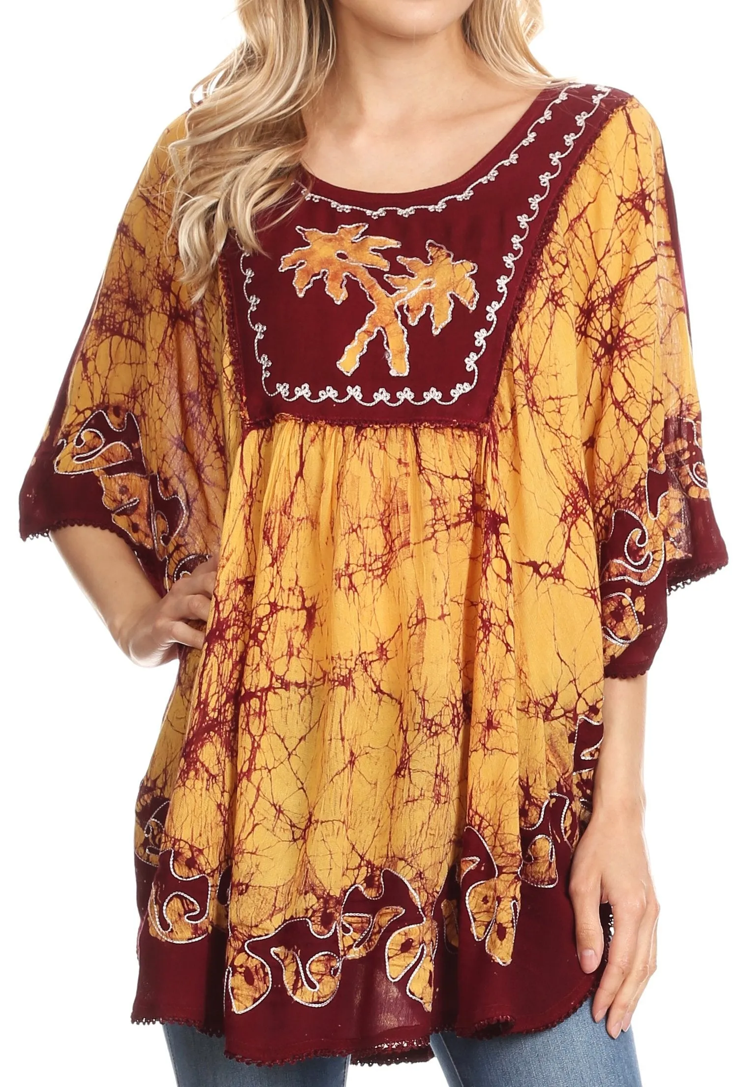 Sakkas Lynda Two Tone Batik Embroidered Palm Tree Peasant Top / Poncho