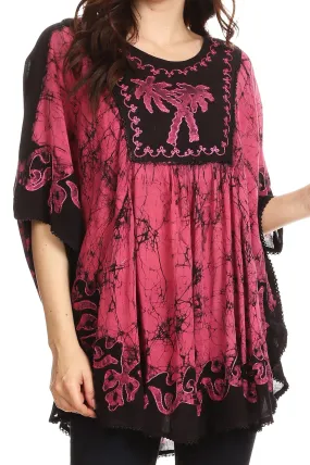 Sakkas Lynda Two Tone Batik Embroidered Palm Tree Peasant Top / Poncho