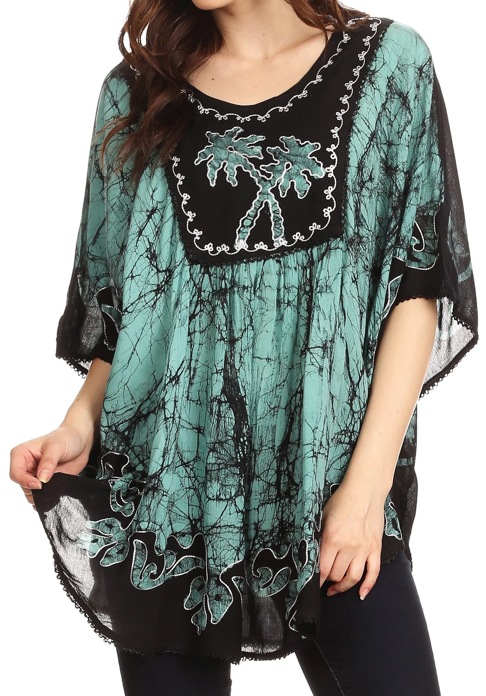 Sakkas Lynda Two Tone Batik Embroidered Palm Tree Peasant Top / Poncho