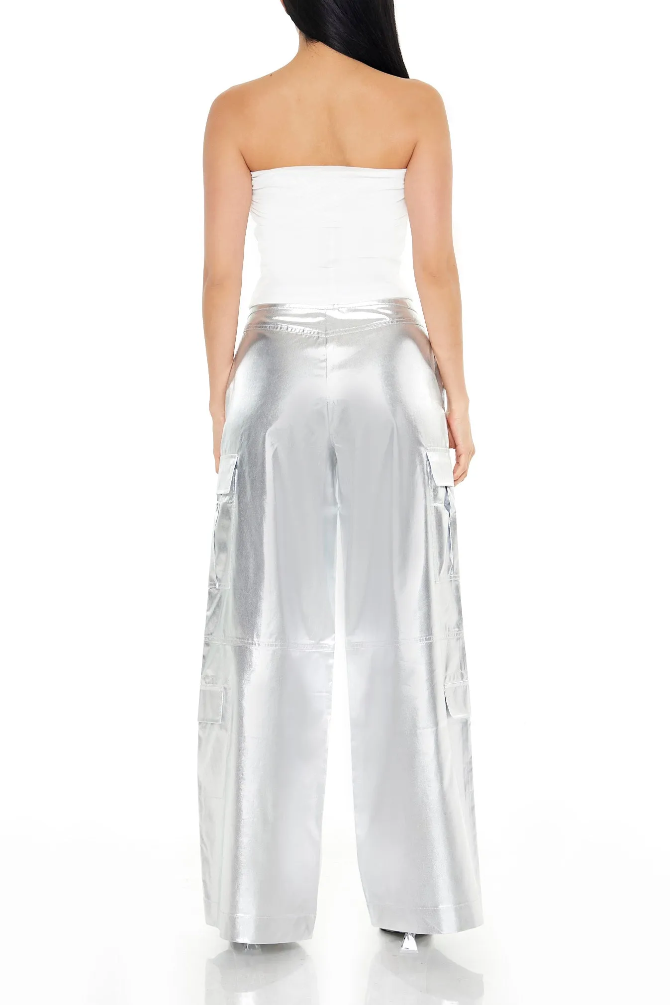 Satin Metallic Wide Leg Cargo Pant