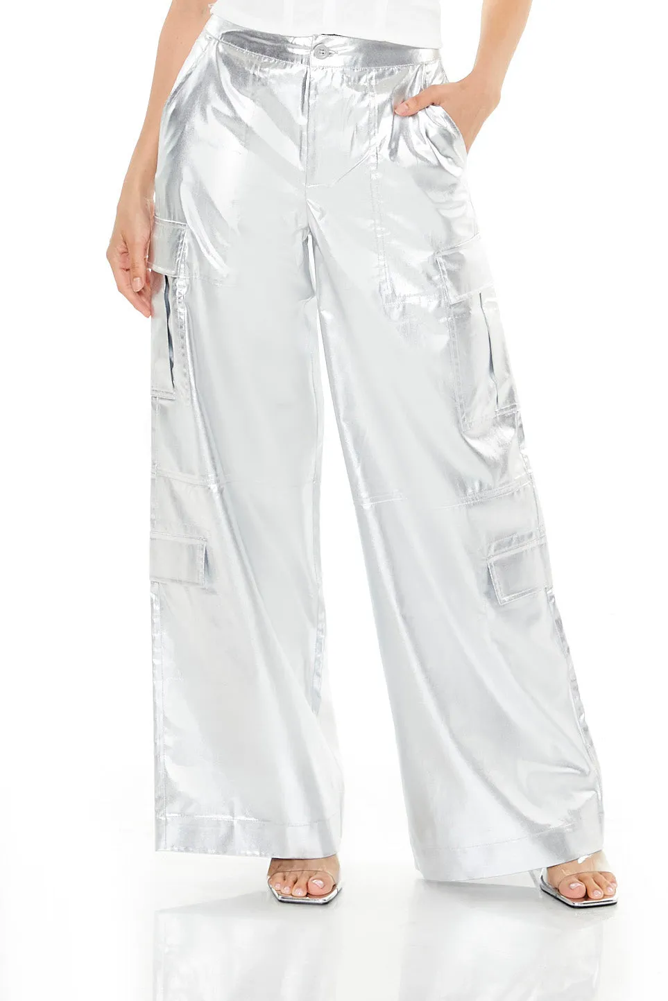 Satin Metallic Wide Leg Cargo Pant