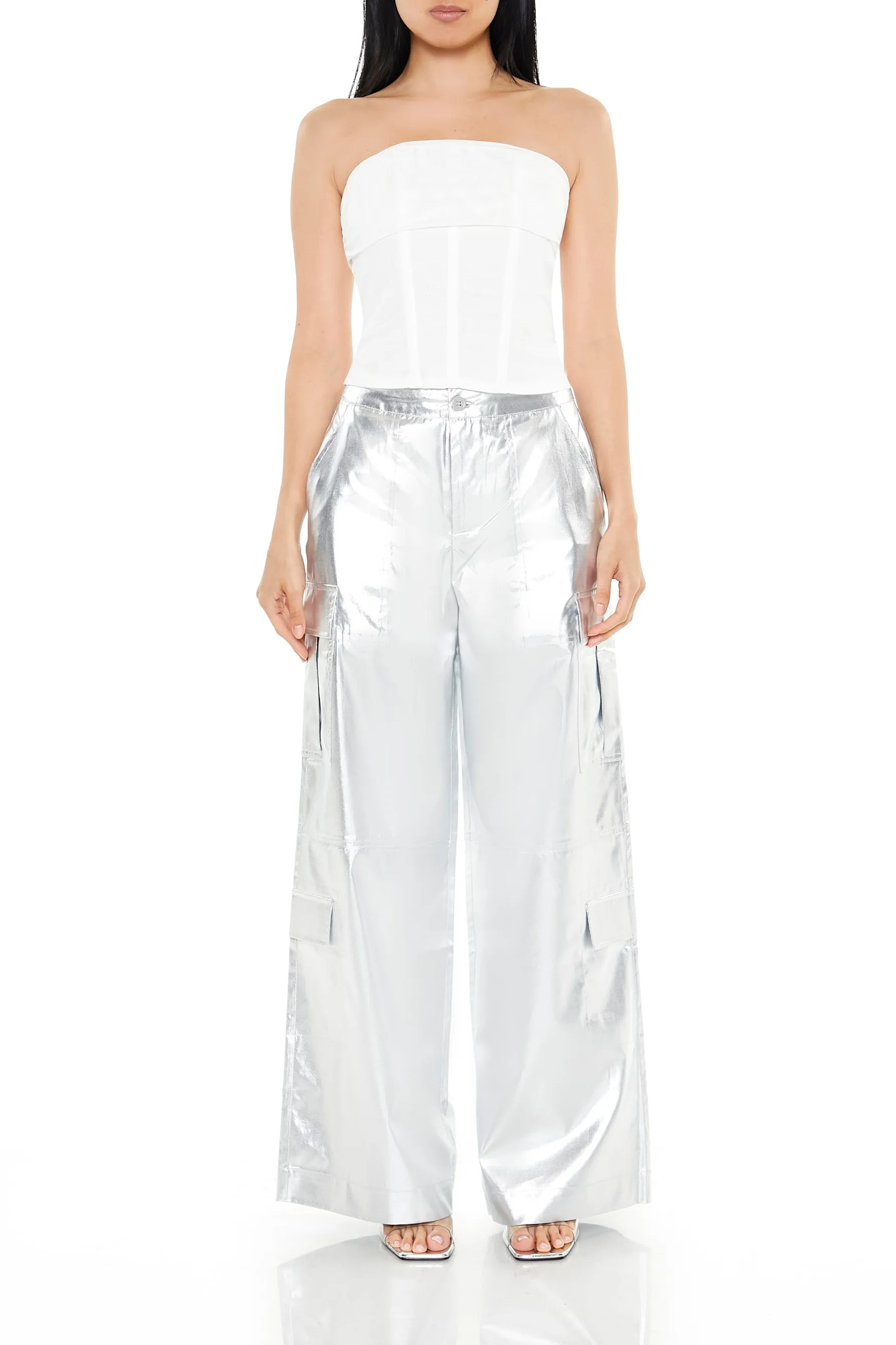 Satin Metallic Wide Leg Cargo Pant