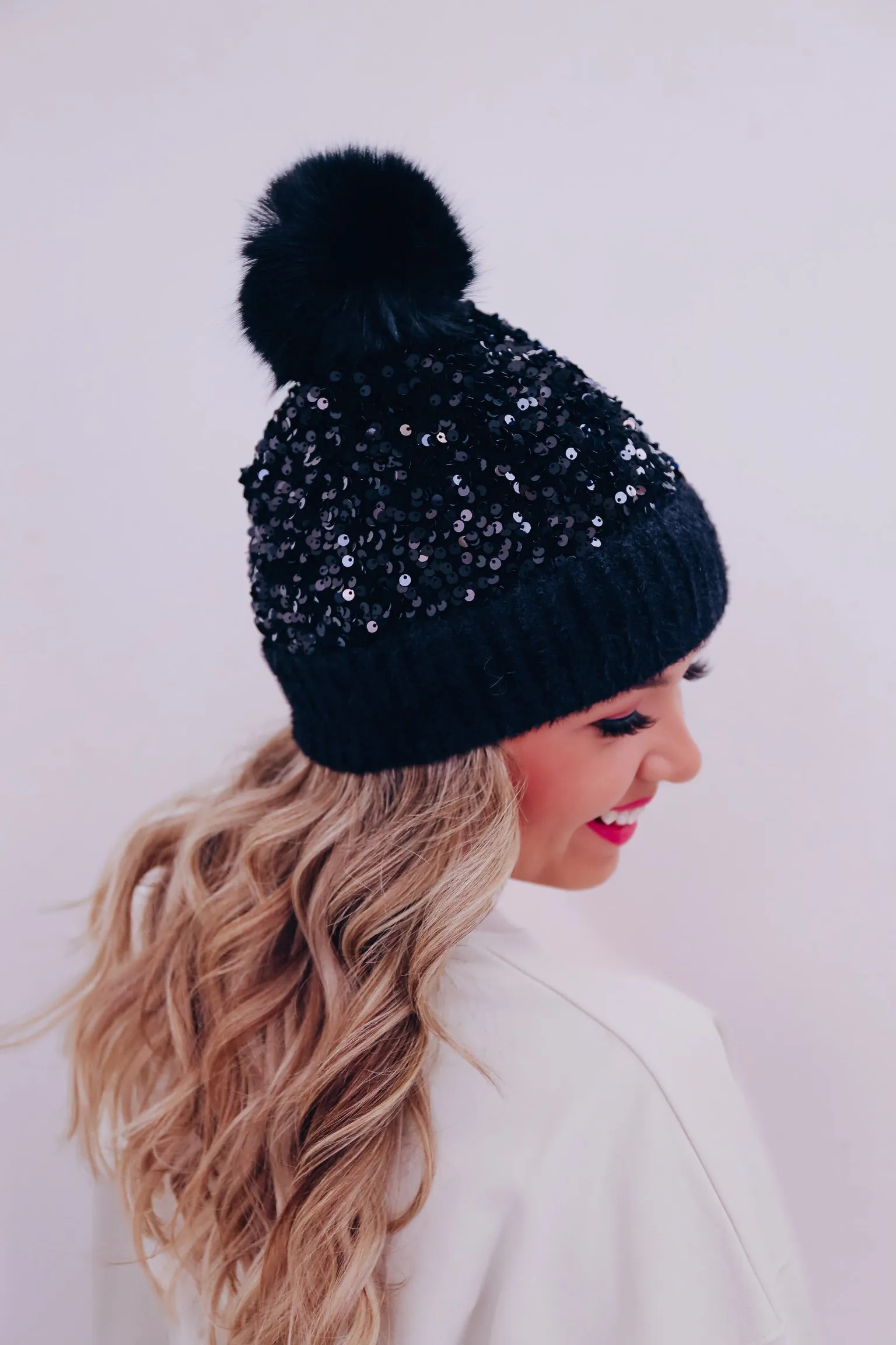 Savvy Sequin Pom Beanie - Black