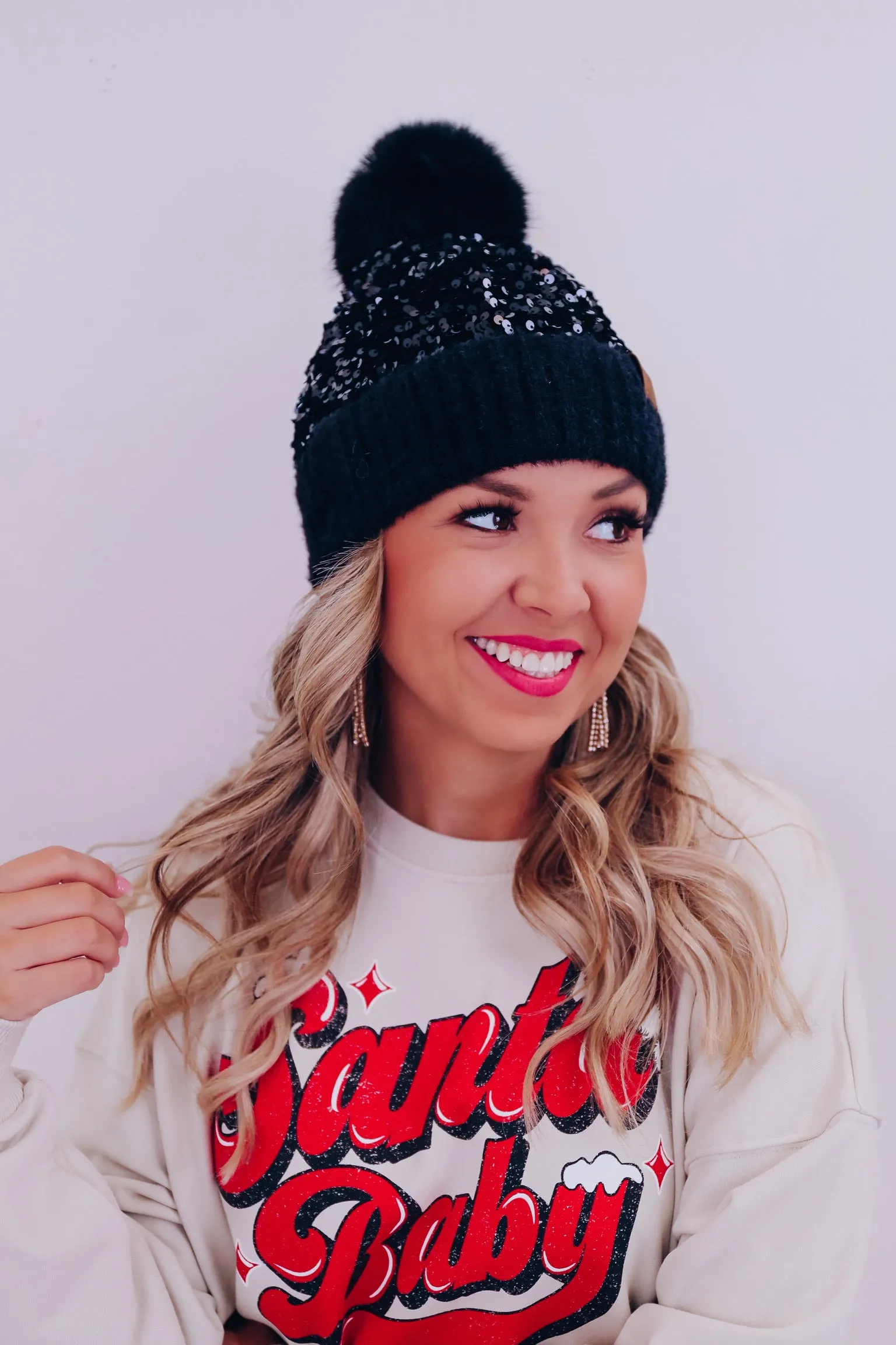 Savvy Sequin Pom Beanie - Black