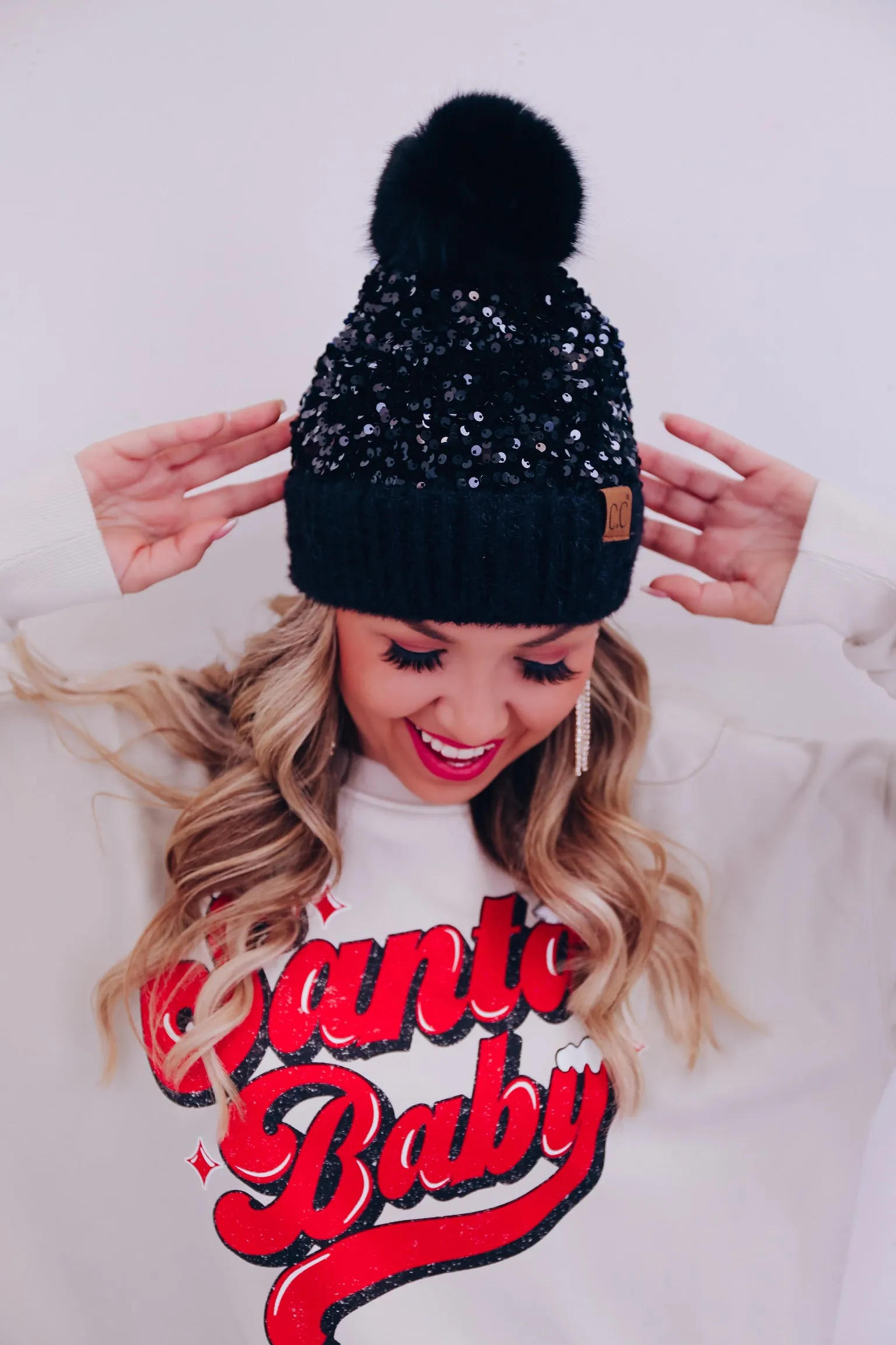 Savvy Sequin Pom Beanie - Black