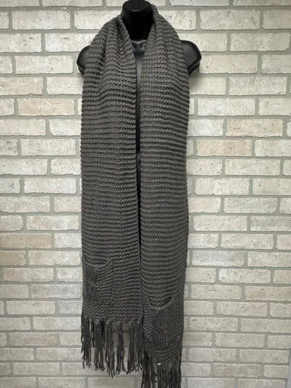 Scarf - Knitted Fringed Pockets - Gray