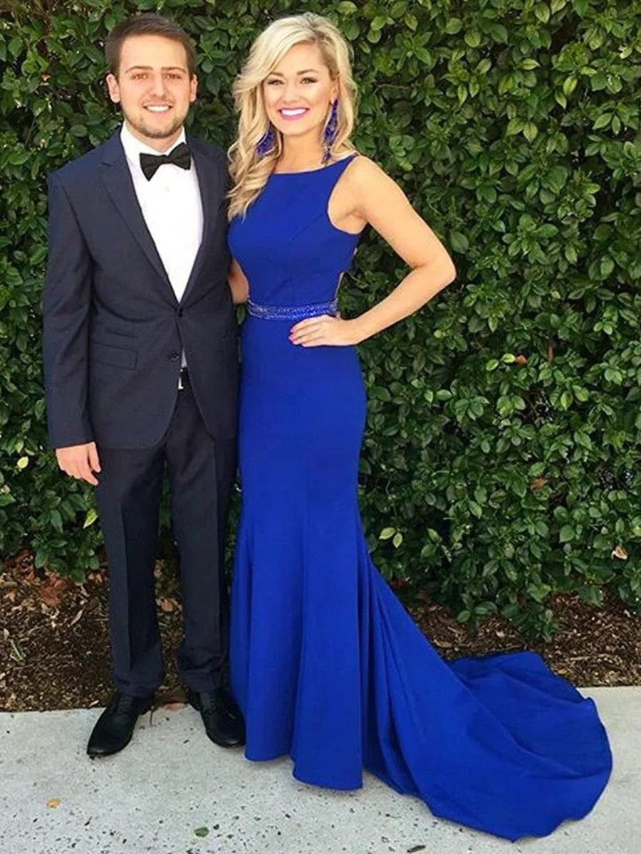 Sexy Royal Blue Mermaid Scoop Neck Long Prom Dresses with Sweep Train, Mermaid Royal Blue Formal Dresses, Royal Blue Evening Dresses