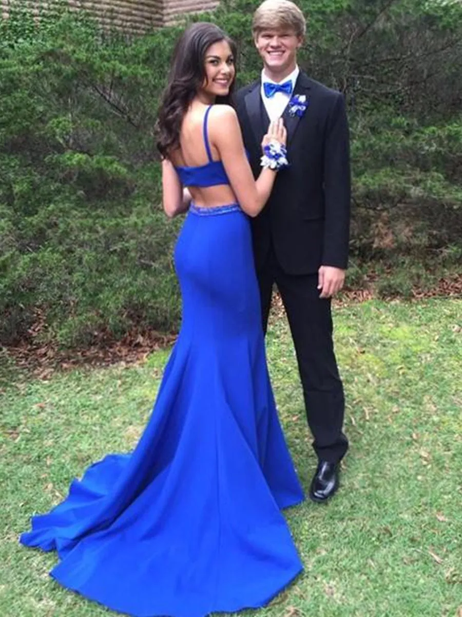 Sexy Royal Blue Mermaid Scoop Neck Long Prom Dresses with Sweep Train, Mermaid Royal Blue Formal Dresses, Royal Blue Evening Dresses