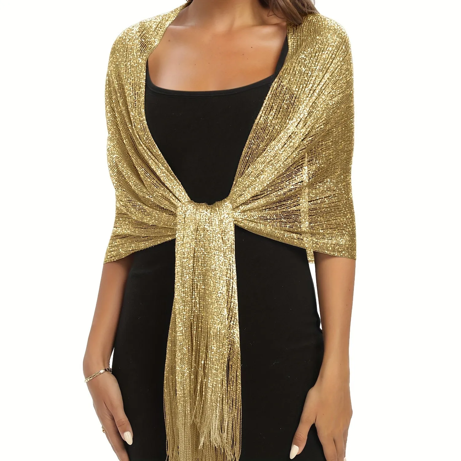 Shimmering Metallic Glam Shawl - Round Buckle Tassel Wrap - Perfect for Evening Parties & Weddings - A Versatile Dress-Up Accessory