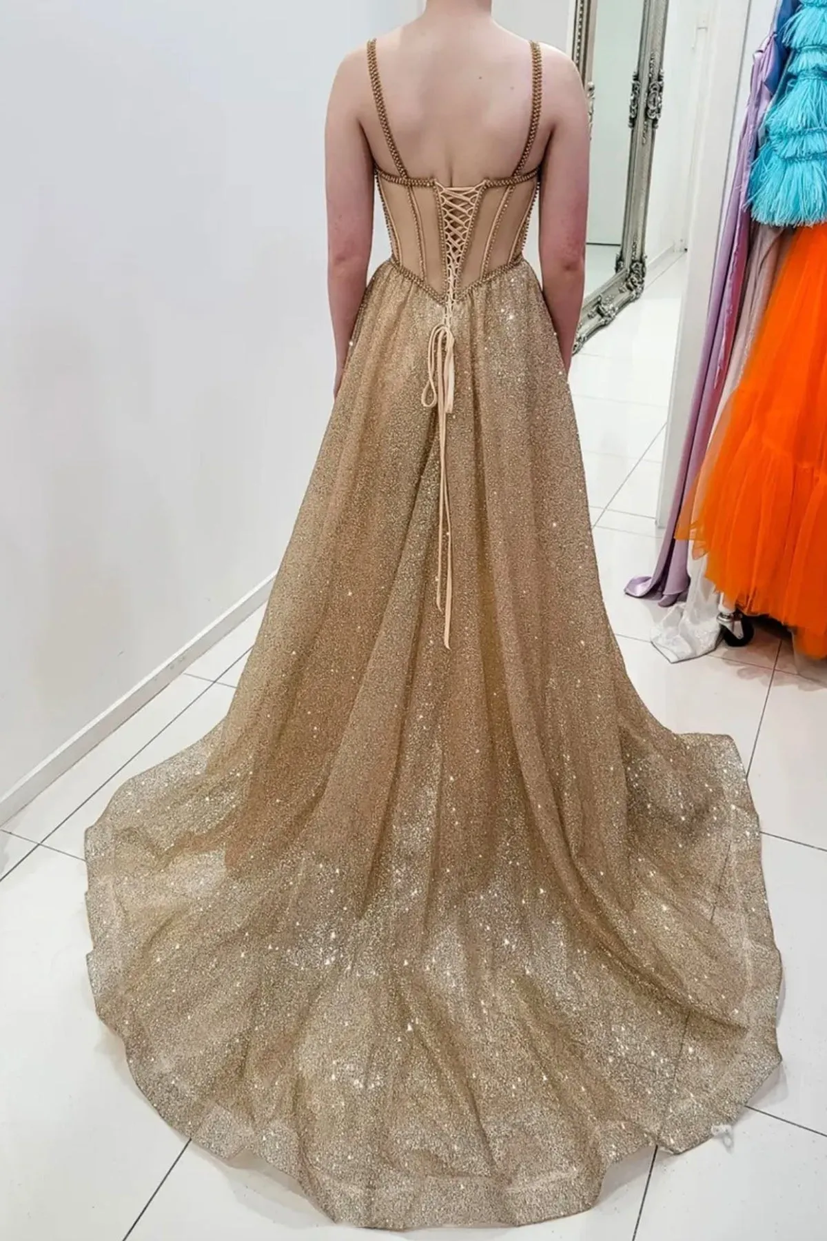 Shiny A Line Champagne Tulle Long Prom Dress, Long Champagne Formal Graduation Evening Dress A1761