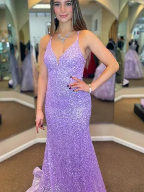 Shiny Sequins V Neck Backless Mermaid Lilac Long Prom Dresses, Backless Purple Formal Dresses, Mermaid Evening Dresses