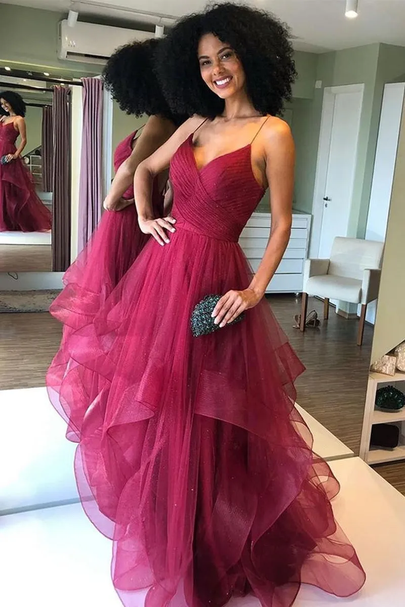 Shiny V Neck Backless Burgundy Prom Dress, Backless Maroon Formal Evening Dress, Fluffy Burgundy Ball Gown