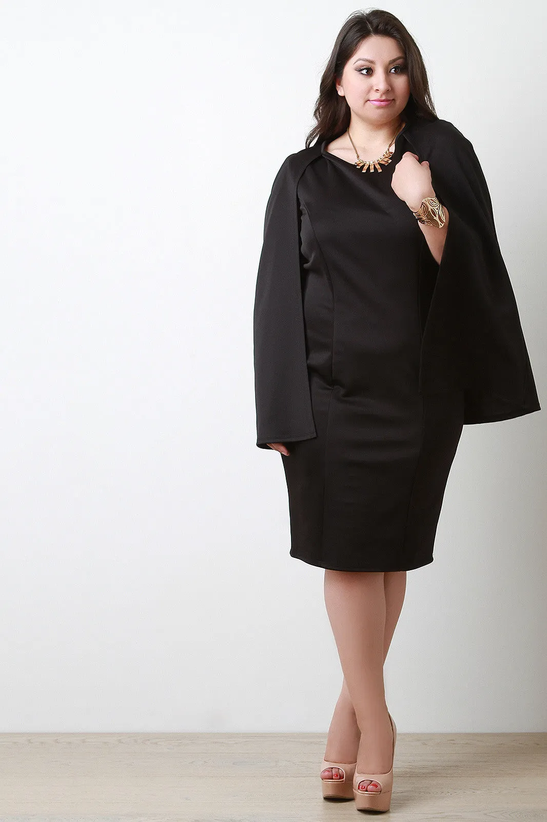 Sleeveless Flowing Structured Cape Sheath Dress