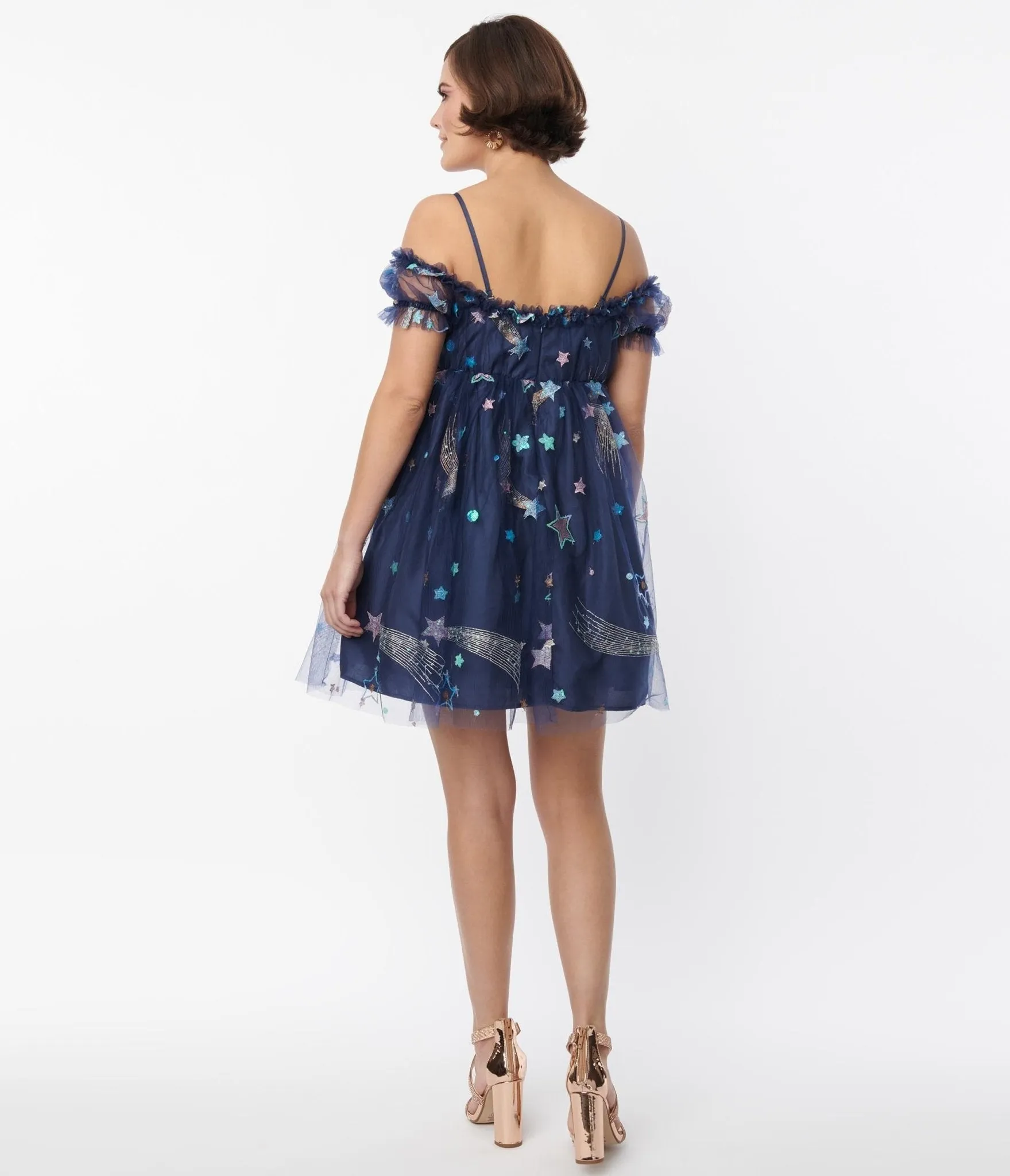 Smak Parlour Navy Glitter Off the Shoulder Babydoll Dress