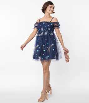 Smak Parlour Navy Glitter Off the Shoulder Babydoll Dress