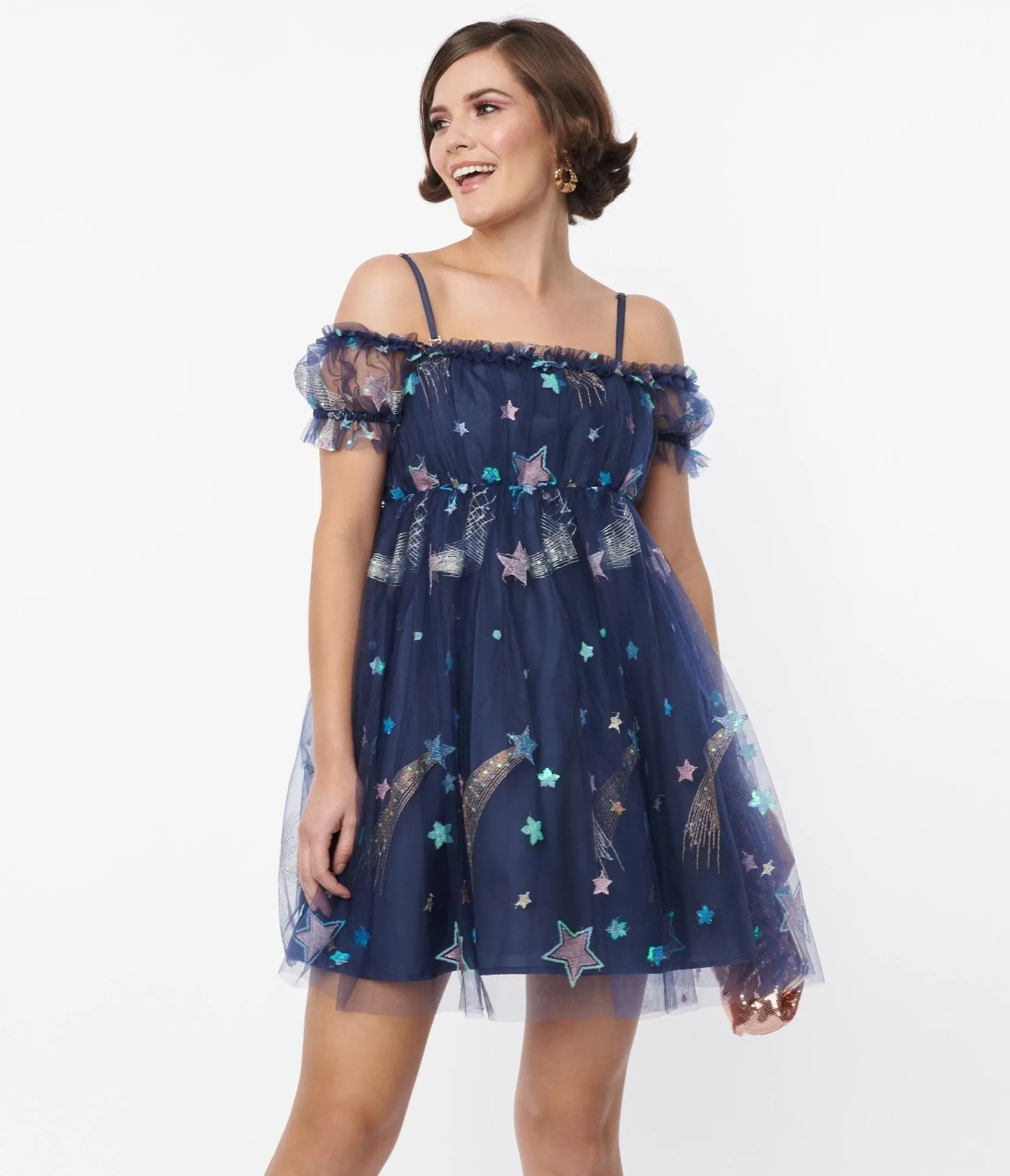 Smak Parlour Navy Glitter Off the Shoulder Babydoll Dress