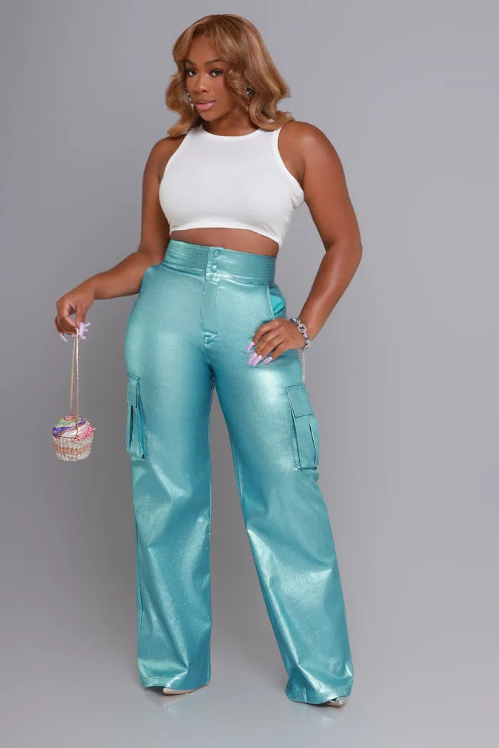 So Much High Rise Metallic Cargo Pants - Blue