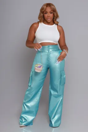 So Much High Rise Metallic Cargo Pants - Blue