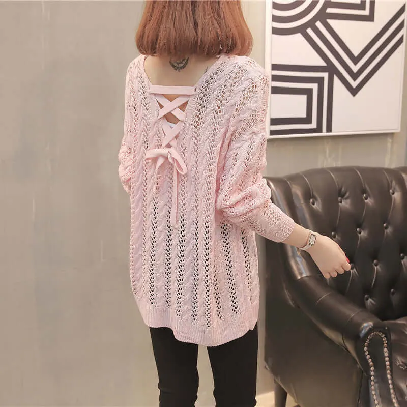 Spring and summer dress, back strap, new hollow sweater female loose head V-top sweater female thin section long sleeve shirt