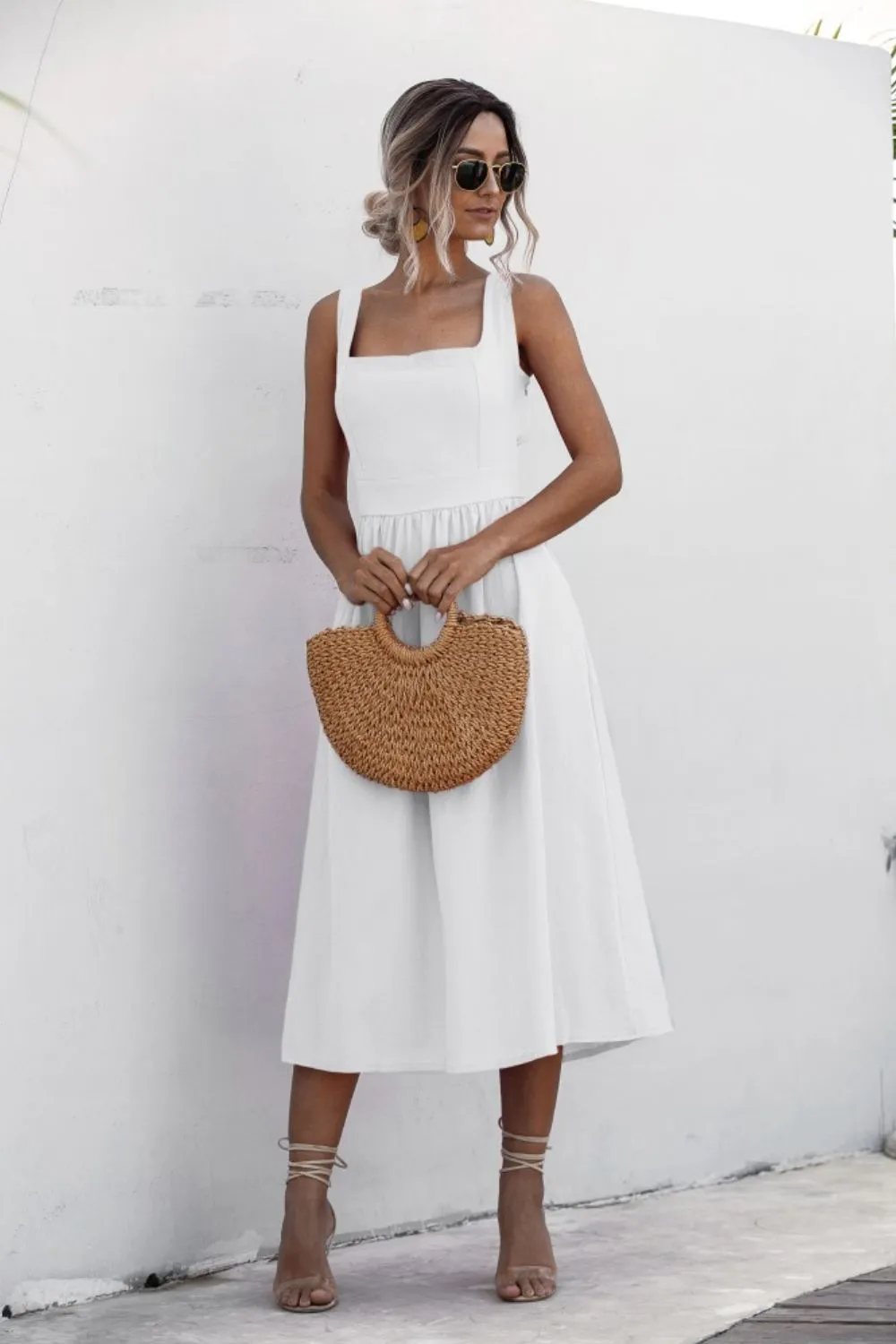 Square Neck Sleeveless Smocked Midi Dress