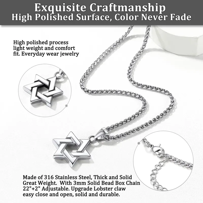 Stainless Steel Jewish Star of David Necklace - Hexagram Pendant Necklace