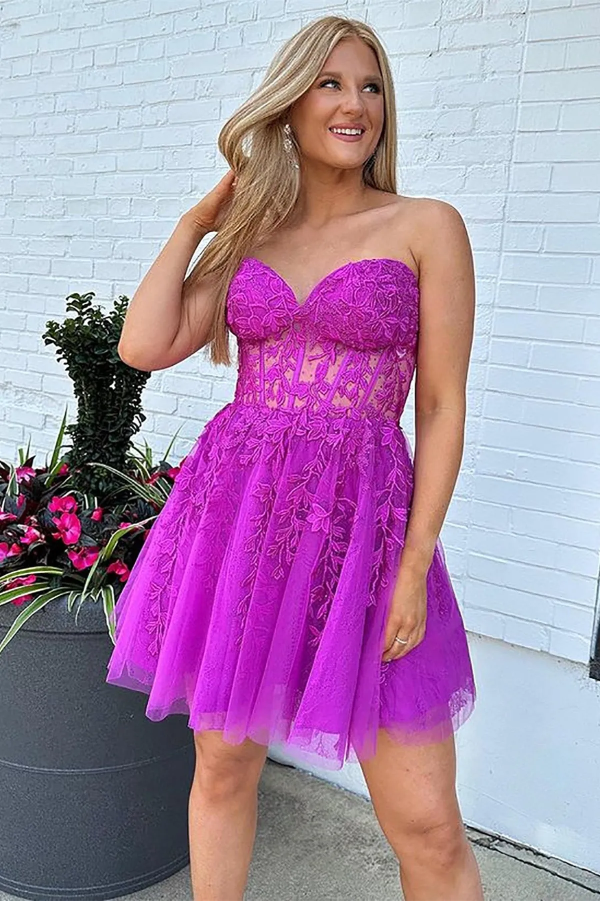 Strapless Fuchsia Lace Prom Dress, Sweetheart Neck Fuchsia Homecoming Dress, Fuchsia Lace Formal Graduation Evening Dress A1906