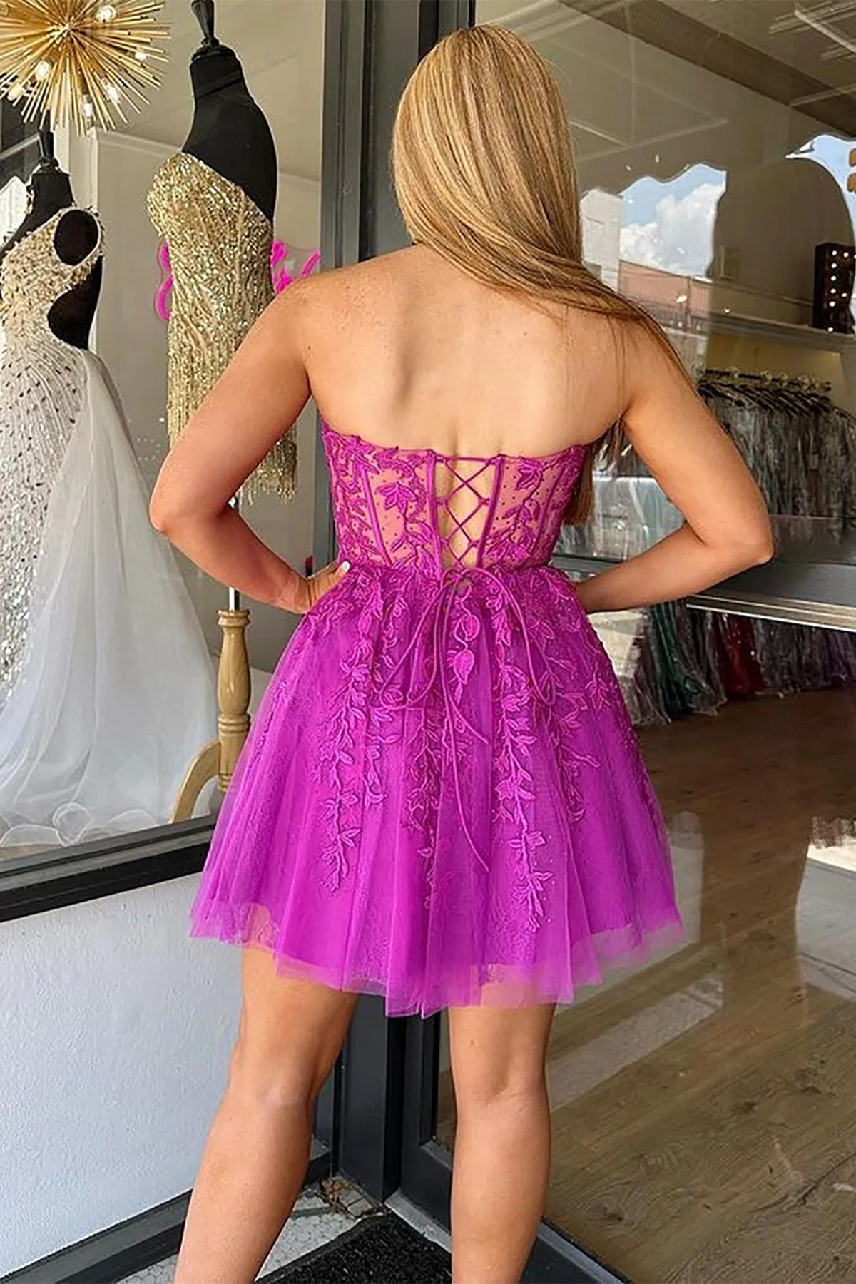 Strapless Fuchsia Lace Prom Dress, Sweetheart Neck Fuchsia Homecoming Dress, Fuchsia Lace Formal Graduation Evening Dress A1906