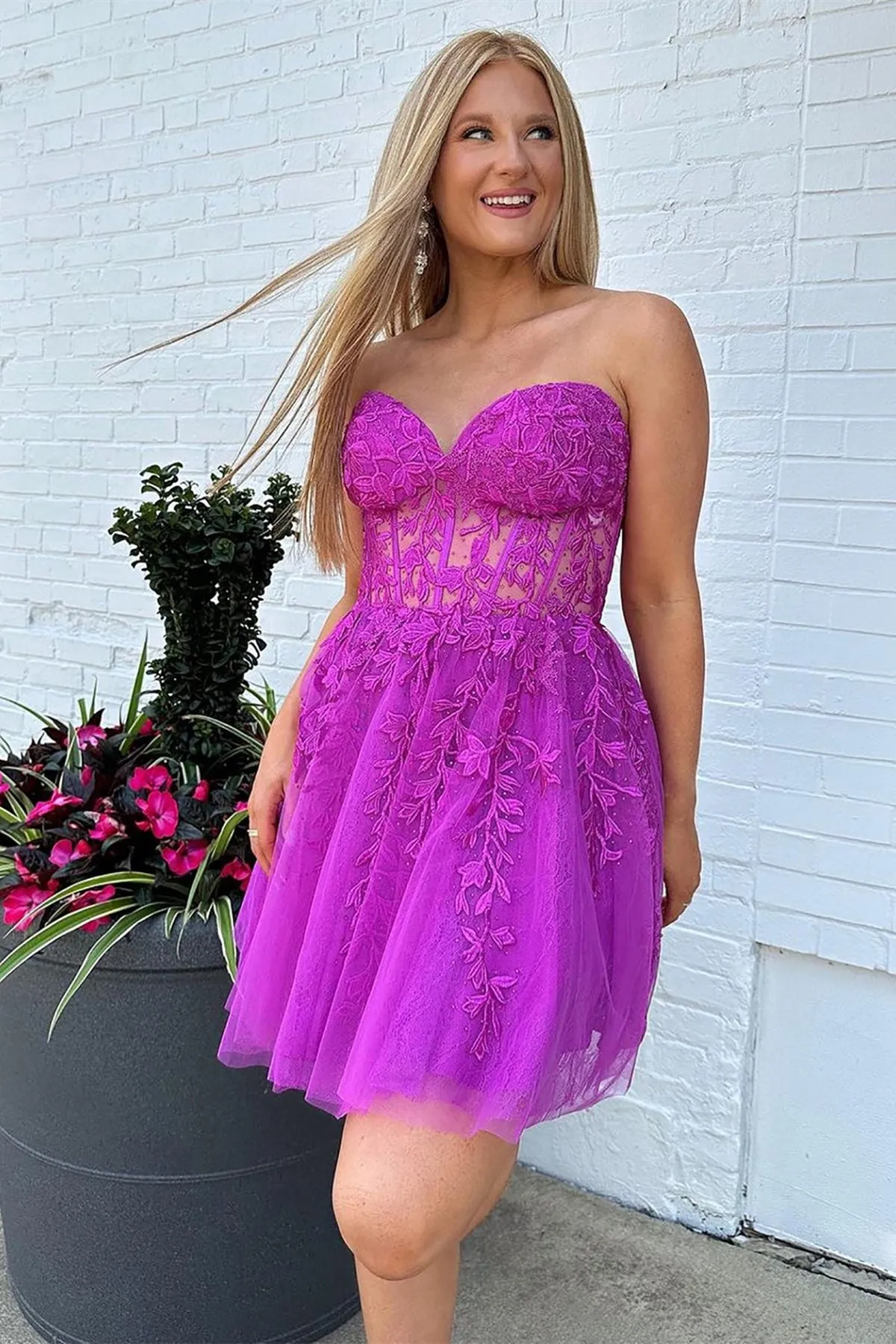 Strapless Fuchsia Lace Prom Dress, Sweetheart Neck Fuchsia Homecoming Dress, Fuchsia Lace Formal Graduation Evening Dress A1906