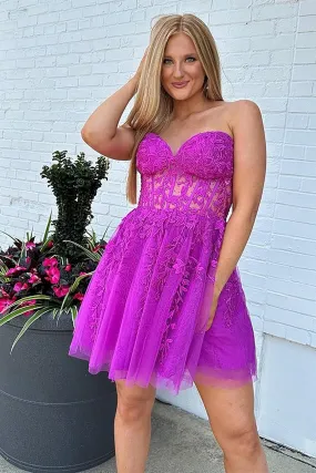 Strapless Fuchsia Lace Prom Dress, Sweetheart Neck Fuchsia Homecoming Dress, Fuchsia Lace Formal Graduation Evening Dress A1906