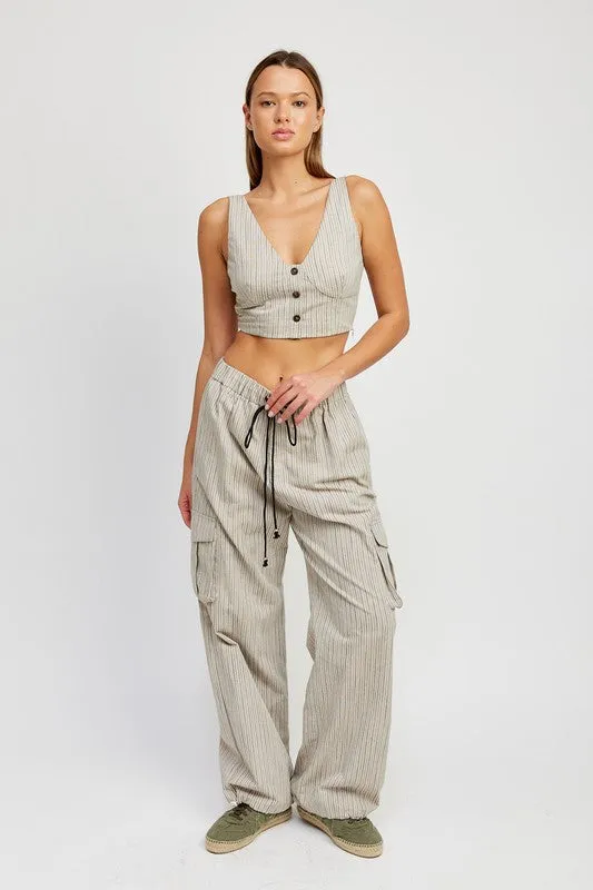 Striped Cargo Pants With Waist Drawstring