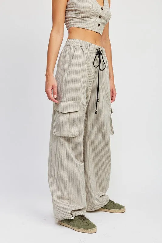 Striped Cargo Pants With Waist Drawstring