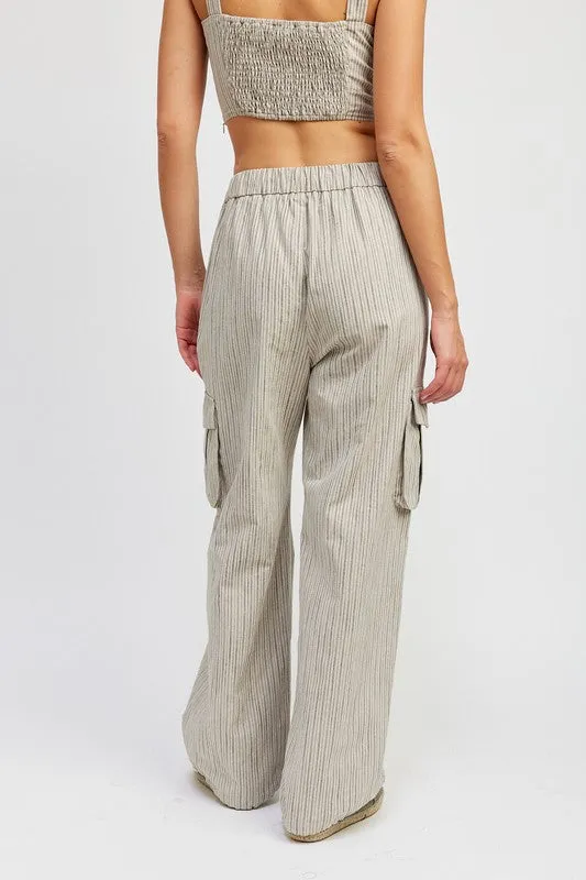 Striped Cargo Pants With Waist Drawstring