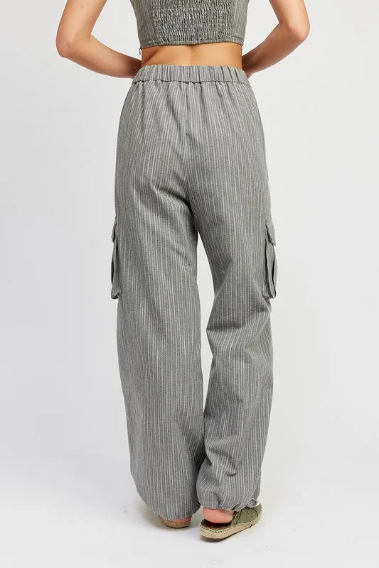 Striped Cargo Pants With Waist Drawstring