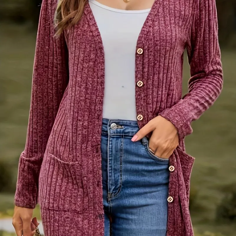 Stylish Plus Size Ribbed Knit Cardigan with Pockets