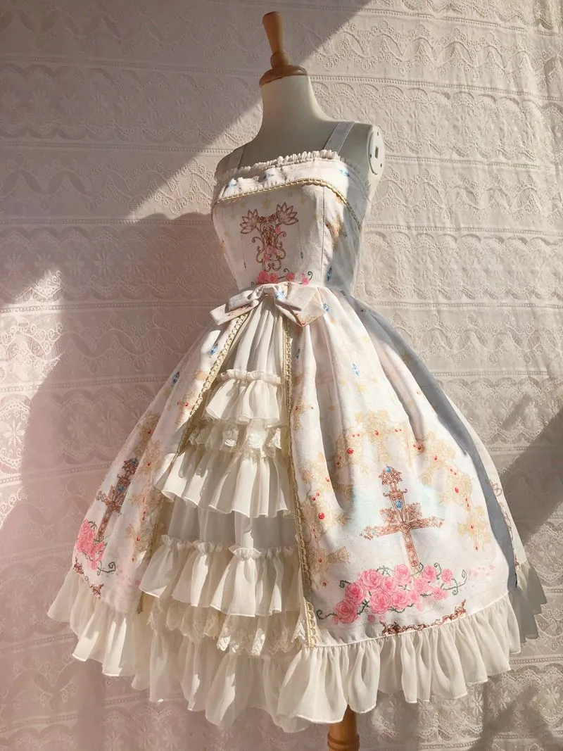 Sweet Cross & Flower Printed Sleeveless Lolita JSK Dress Plus Size Fairy Party Gown by Yiliya