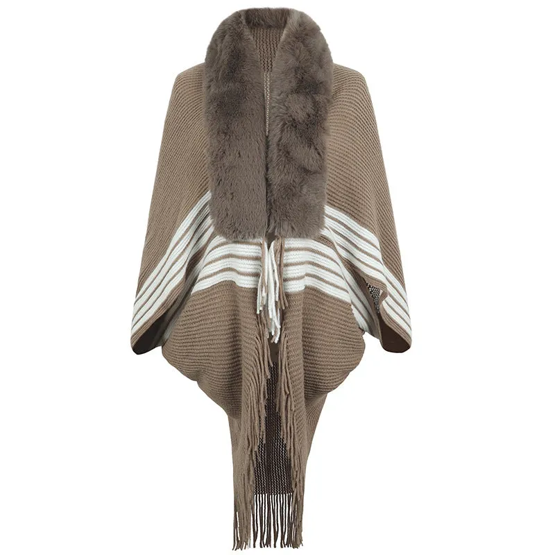 Tassel Cape And Shawl Women's Striped Fur Collar Scarf