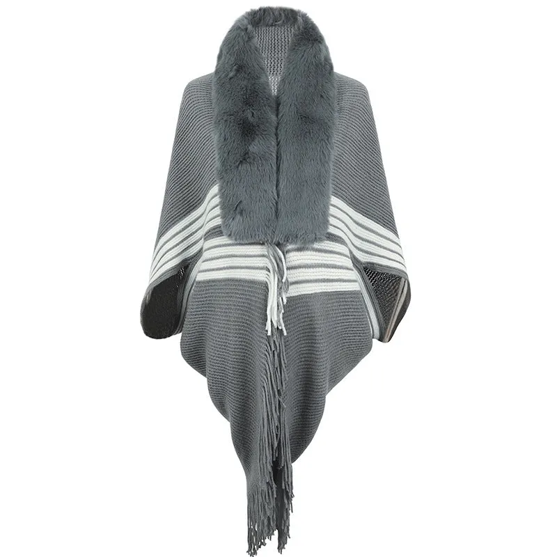 Tassel Cape And Shawl Women's Striped Fur Collar Scarf