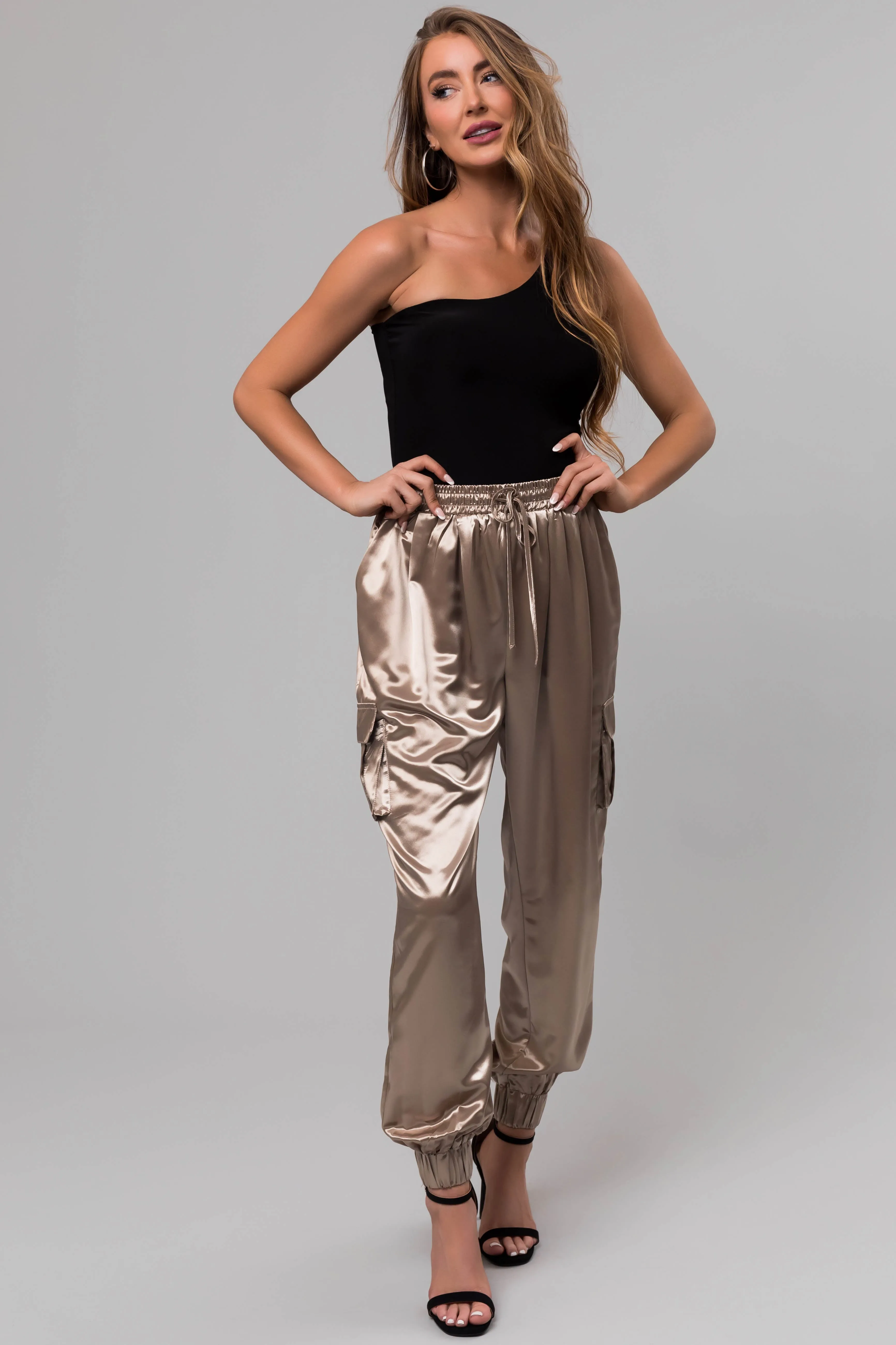 Taupe Shiny Metallic Smocked Waist Joggers