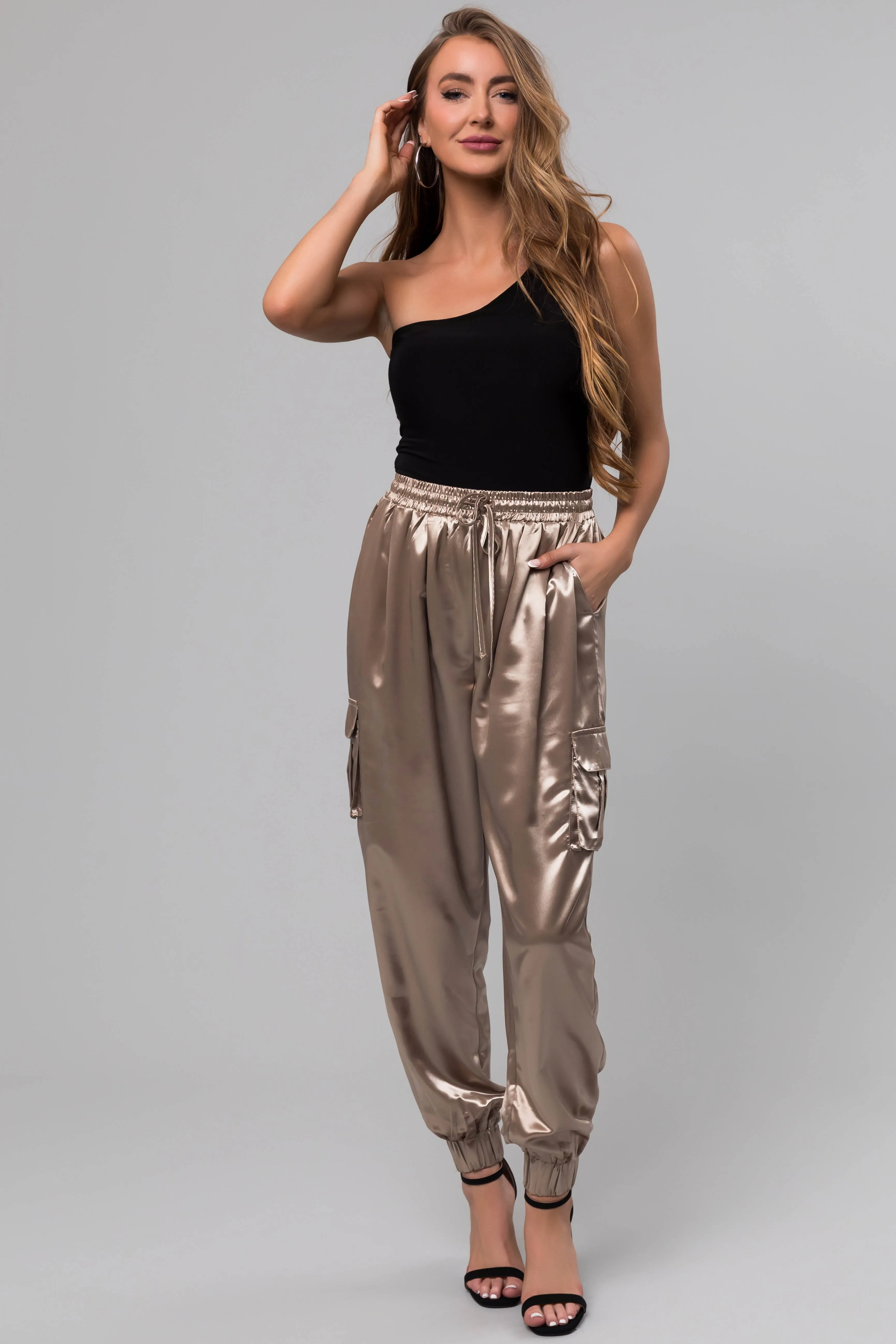 Taupe Shiny Metallic Smocked Waist Joggers