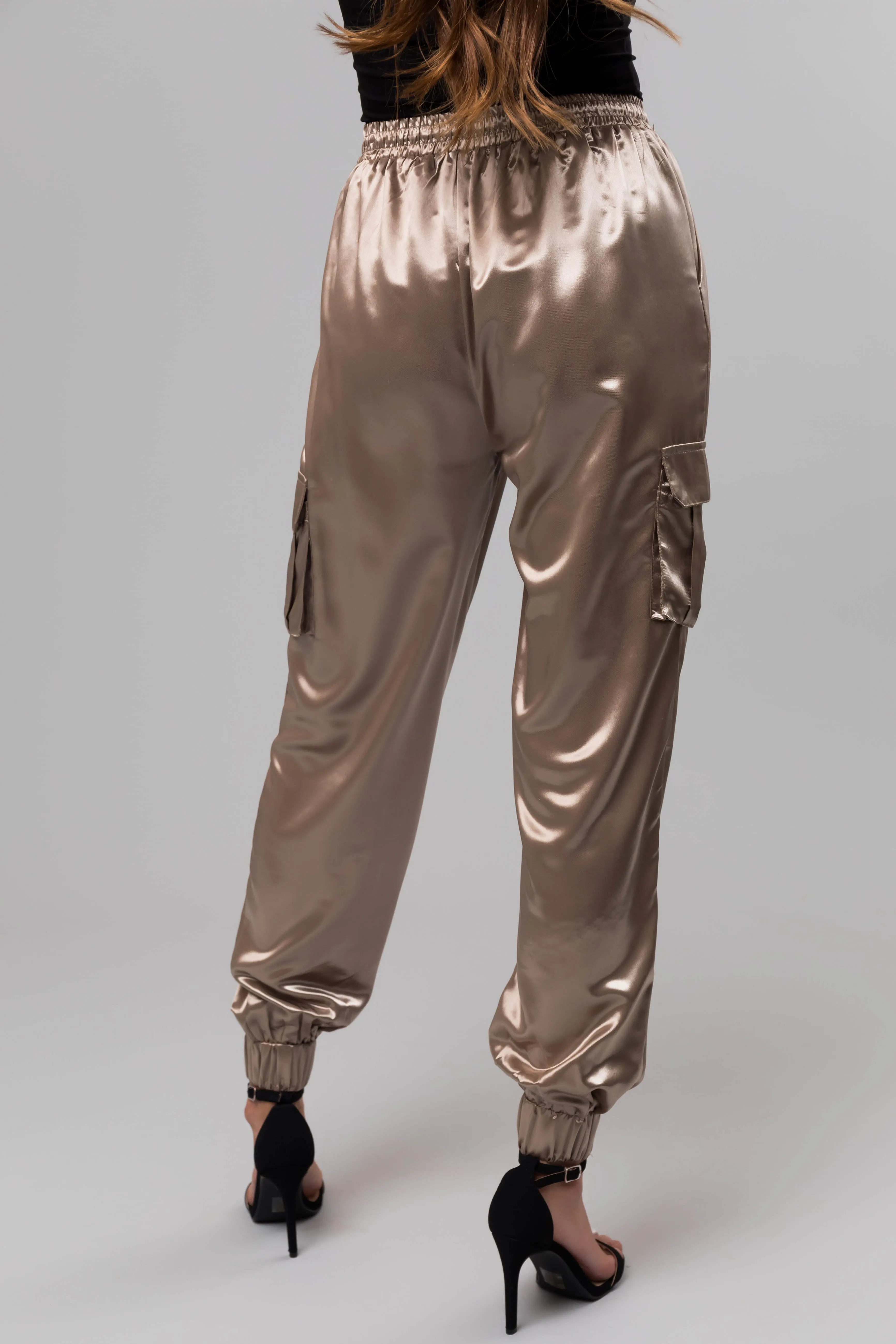 Taupe Shiny Metallic Smocked Waist Joggers