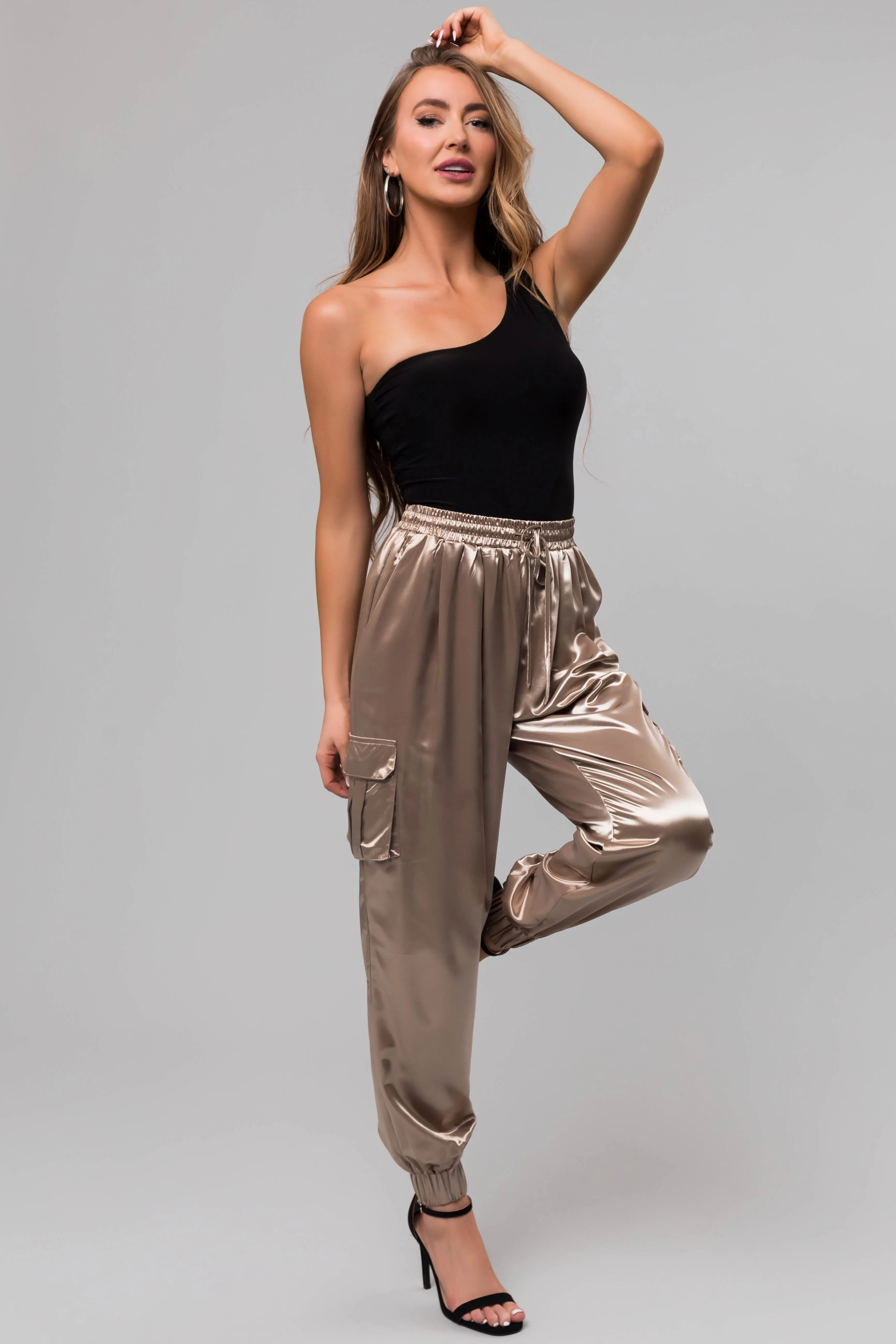 Taupe Shiny Metallic Smocked Waist Joggers