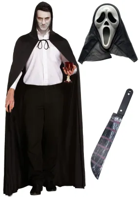 Terror Unleashed: Long Black Cape, Bleeding Scream Mask, and Fake Blooded Machete Prop